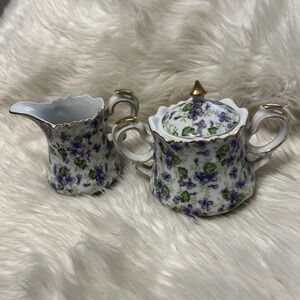 Vintage Lefton Hand Painted Violet Chintz Gold Flake Cream & Sugar Bowl w/ Lid